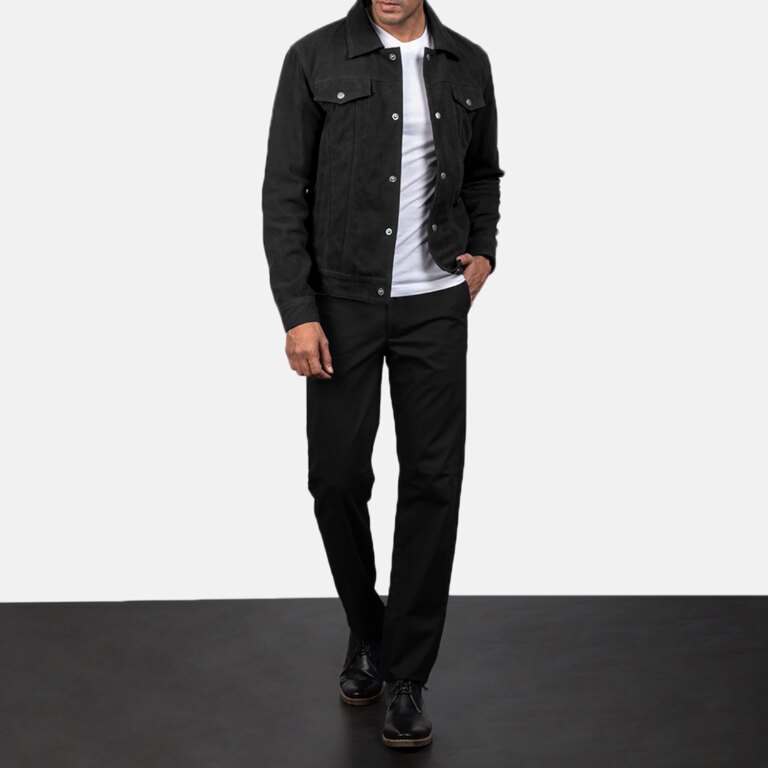 Mens Stallon Black Suede Trucker Jacket Full Length-2-1720093604157